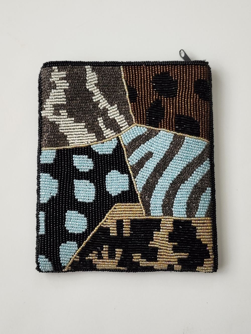 Beaded Patchwork Animal Print Zip Bag/Pouch - Black, Brown & Light Blue